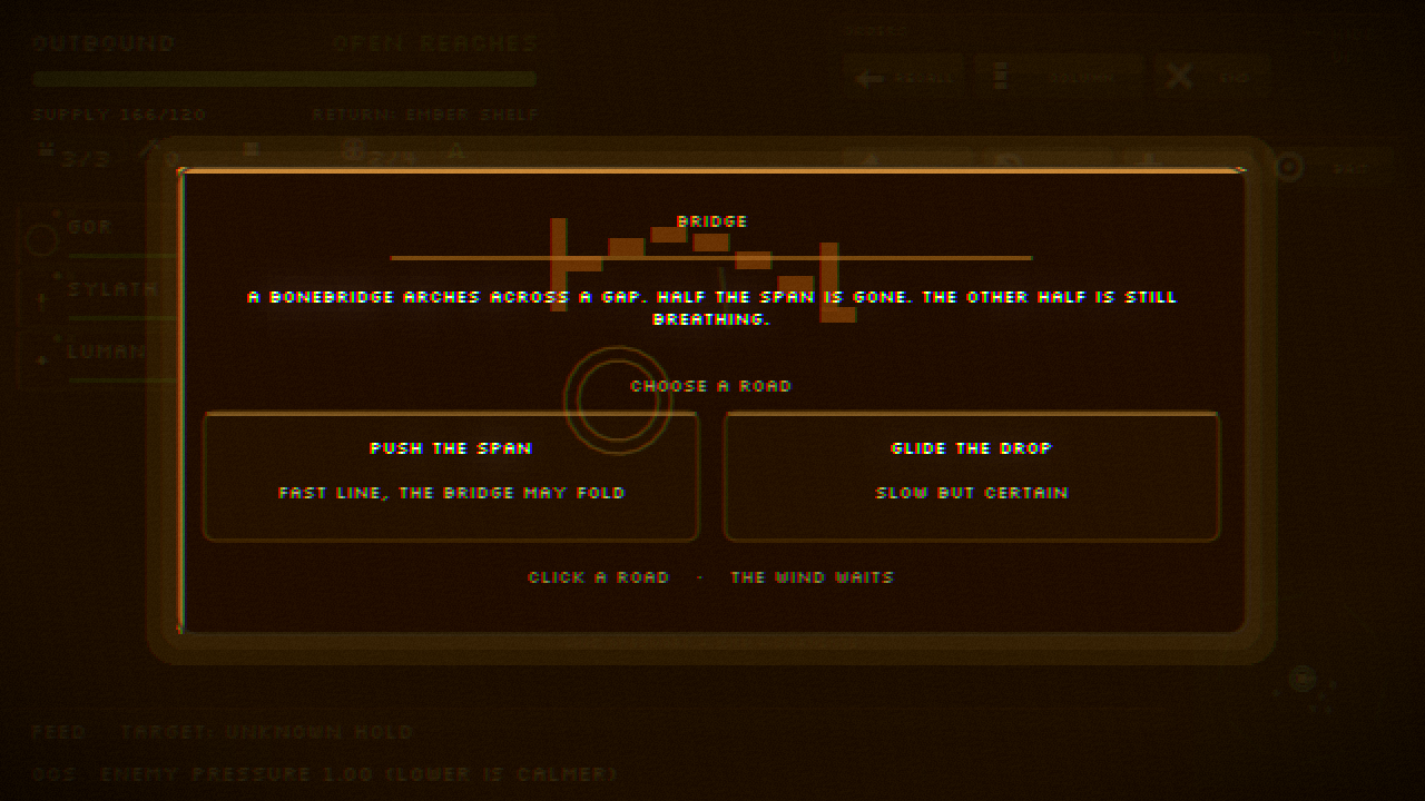 a roadside crossroad event in the reach, with two choice options lit in warm ember.