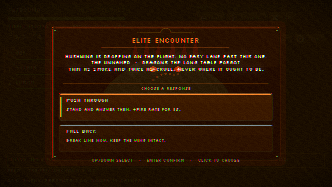 an elite encounter modal: a named hunter drops on the flight, warm red ember halo around the choice card.