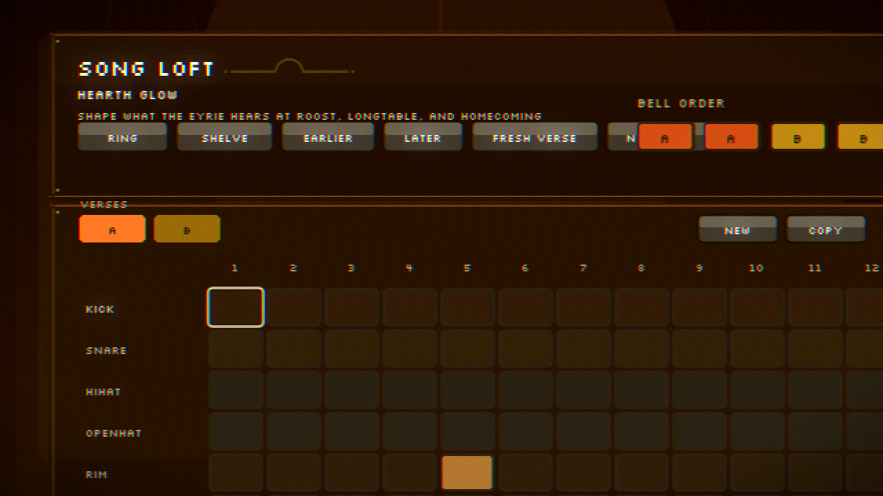 the song loft music workshop: a step sequencer of bell and drum tracks, warm ember wood panels framing it.